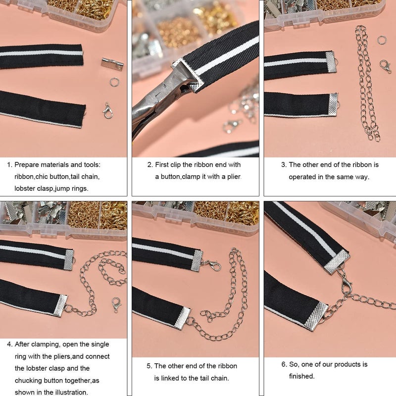 Renashed 373Pcs Ribbon Bracelet Kit for Jewelry Making Ribbon End Crimps Lobster Clasps Awith Jump Rings and Chain Extenders for DIY Making Bookmark Pinch Bracelet Choker Necklace (Gold and Silver) - Image 3