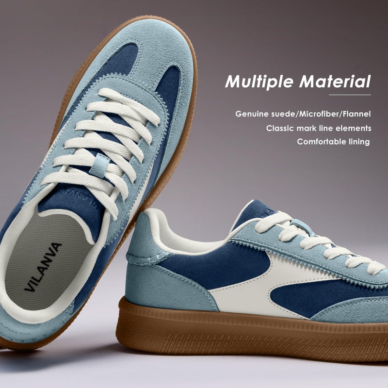 Vilanva Women's Fashion Sneakers Casual Tennis Shoes with Genuine Suede Classic Retro Gum Sole Walking Trendy Footwear Blue Multi - Image 4