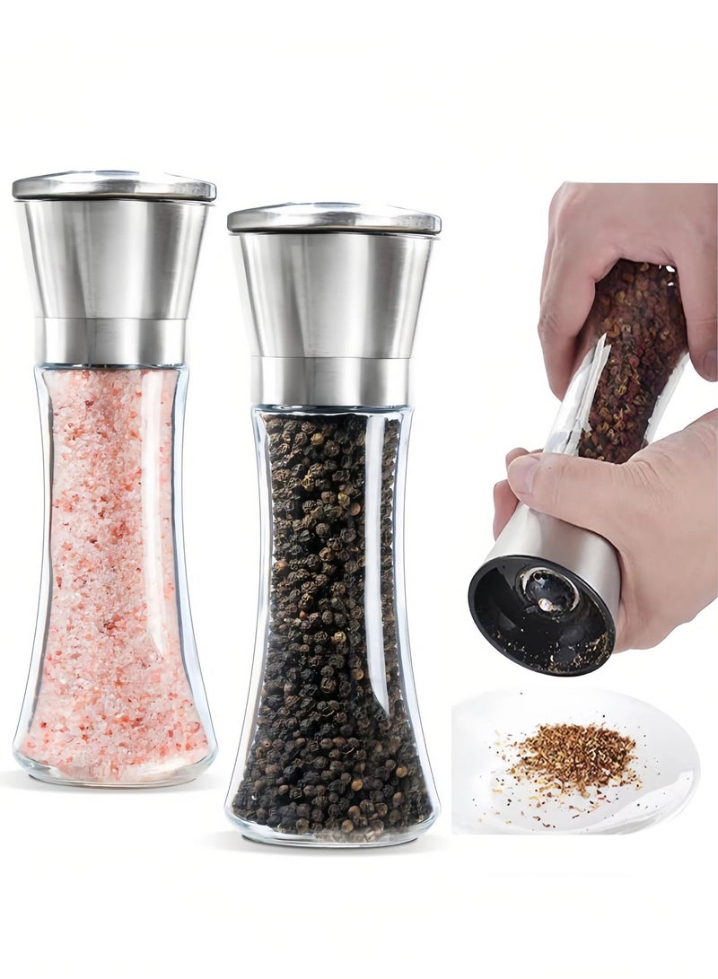 Salt and Pepper Grinder Set, Manual Spice Mill with Stainless Steel Lid & Clear Glass Body, Adjustable Ceramic Grinding Core, Refillable Pepper Mill for Sea Salt, Peppercorns, Cumin, Sichuan Pepper, Kitchen & Dining - Image 1