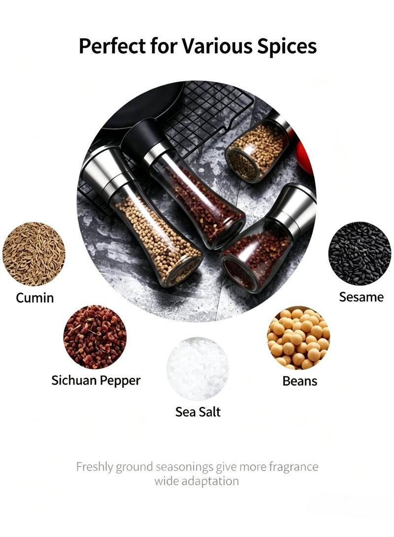 Salt and Pepper Grinder Set, Manual Spice Mill with Stainless Steel Lid & Clear Glass Body, Adjustable Ceramic Grinding Core, Refillable Pepper Mill for Sea Salt, Peppercorns, Cumin, Sichuan Pepper, Kitchen & Dining - Image 2