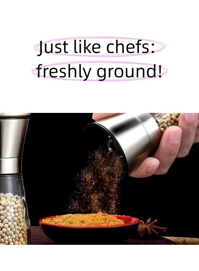 Salt and Pepper Grinder Set, Manual Spice Mill with Stainless Steel Lid & Clear Glass Body, Adjustable Ceramic Grinding Core, Refillable Pepper Mill for Sea Salt, Peppercorns, Cumin, Sichuan Pepper, Kitchen & Dining - Image 4