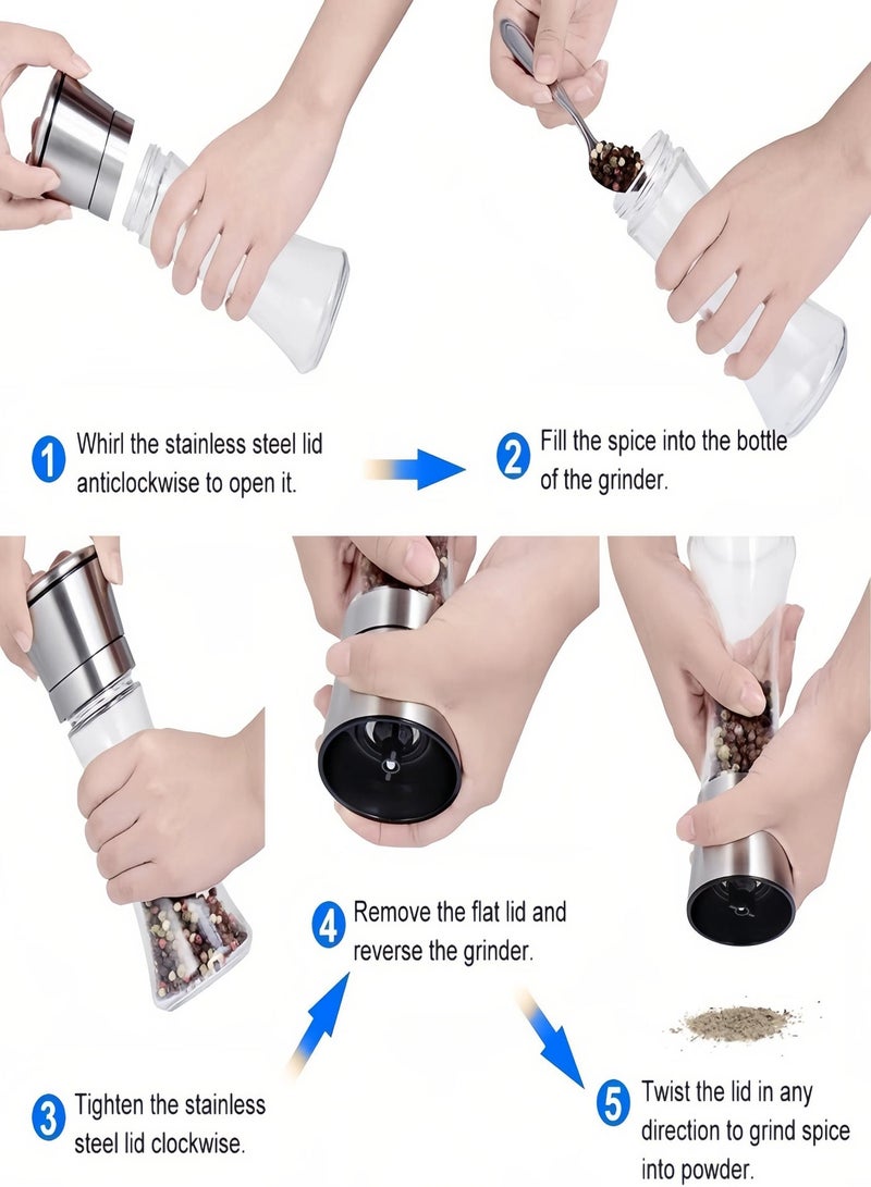 Salt and Pepper Grinder Set, Manual Spice Mill with Stainless Steel Lid & Clear Glass Body, Adjustable Ceramic Grinding Core, Refillable Pepper Mill for Sea Salt, Peppercorns, Cumin, Sichuan Pepper, Kitchen & Dining - Image 3