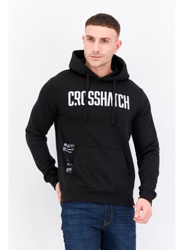 Men Hooded Brand Logo Long Sleeves Sweatshirt, Black