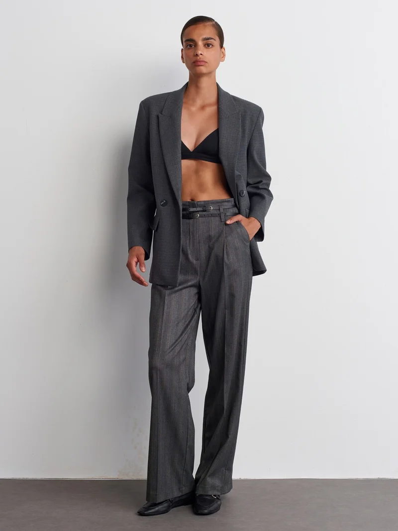 Dilvin 71526 Belted High Waist Trousers-Gray