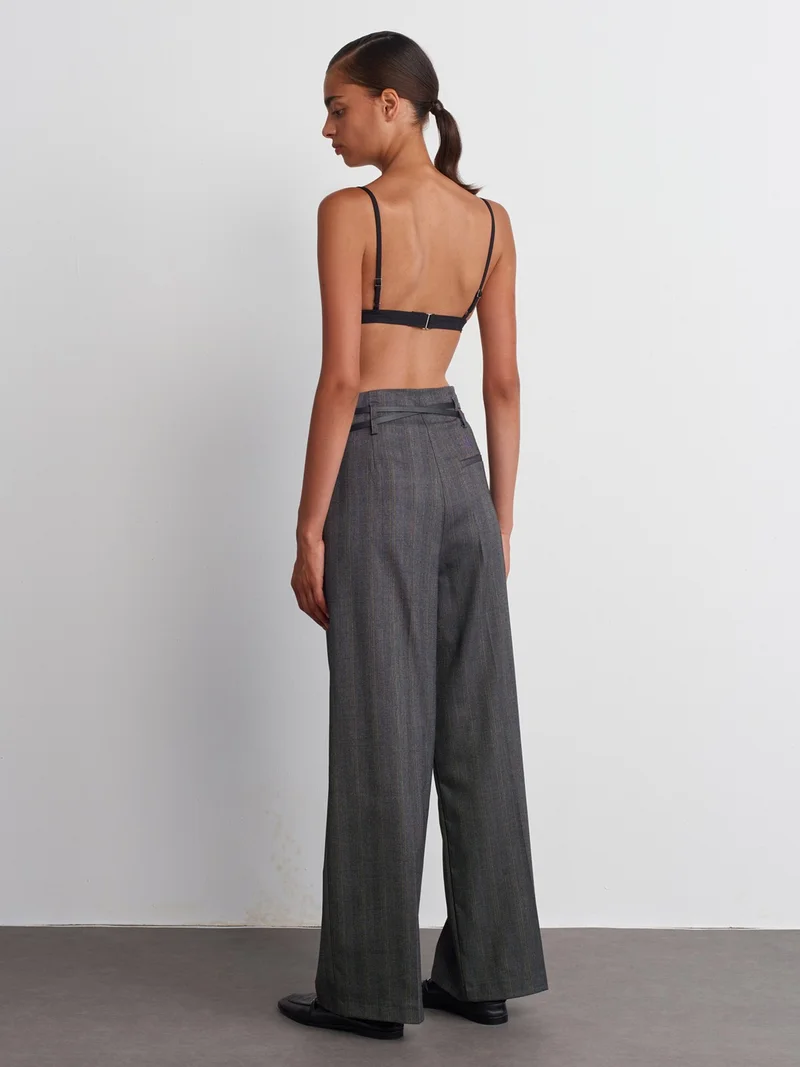 Dilvin 71526 Belted High Waist Trousers-Gray