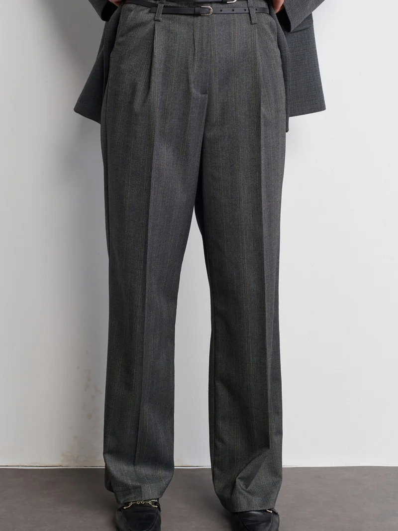 Dilvin 71526 Belted High Waist Trousers-Gray