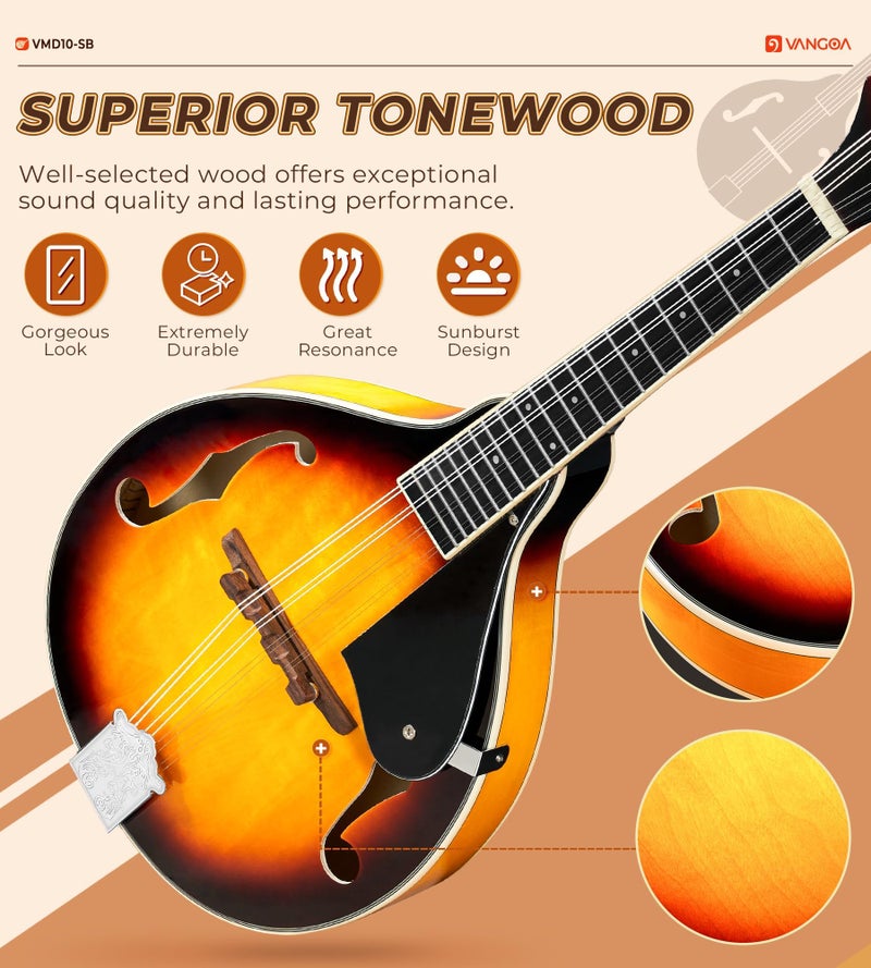 Vangoa Mandolin Musical Instrument A Style, Acoustic Mandolin Instrument Kit Italian 8 String for Professional Beginners Adults Teens Youth Kids, Sunburst, Glossy - Image 2