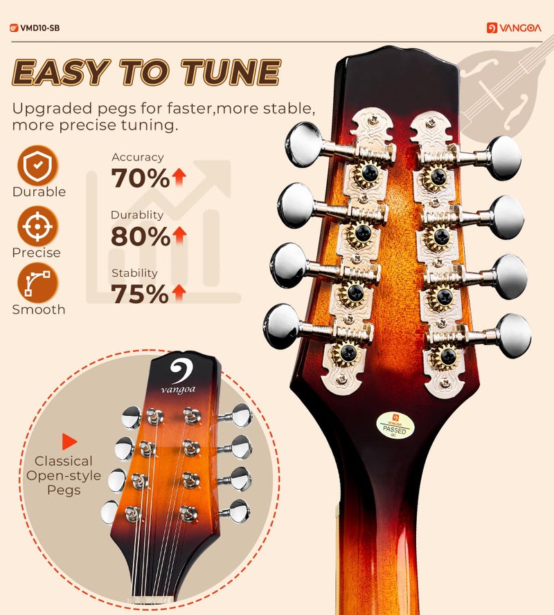 Vangoa Mandolin Musical Instrument A Style, Acoustic Mandolin Instrument Kit Italian 8 String for Professional Beginners Adults Teens Youth Kids, Sunburst, Glossy - Image 4