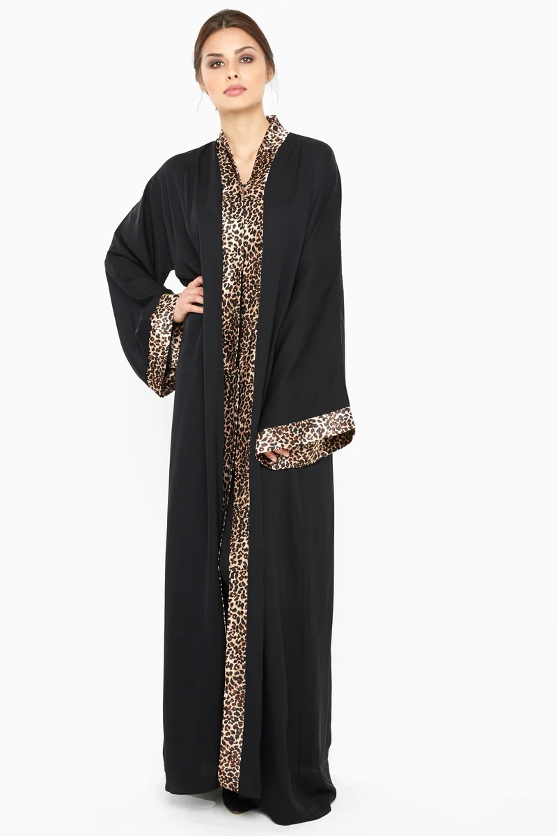 A casual abaya with leopard print detailing by the sleeves and closing-Aj369A