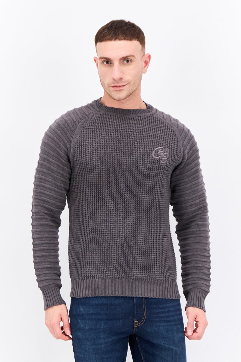 CROSSHATCH Men Crew Neck Long Sleeves Embroidered Logo Sweater, Charcoal Grey - Image 1