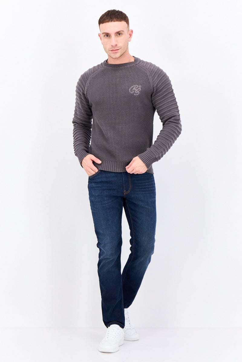 CROSSHATCH Men Crew Neck Long Sleeves Embroidered Logo Sweater, Charcoal Grey - Image 4