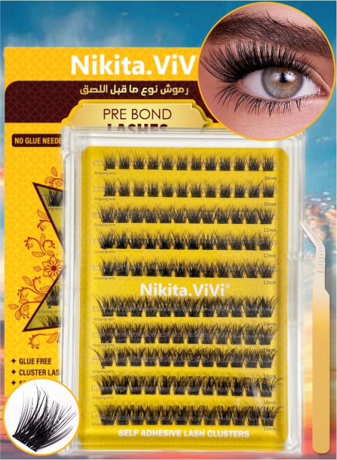 NIKITA.VIVI 120 Pcs Pre Bond Lashes Kit with Tweezers Self Adhesive Eyelashes Eyelash Clusters Kit, False Eyelashes D Curl Pre Glued Lash Clusters Wispy Lash Cluster Kit False Lashes for Beginners and Salon use Press On DIY Lash Extension Kit Falselashes Eye Makeup Kit 10-16mm Size Set A - Image 1