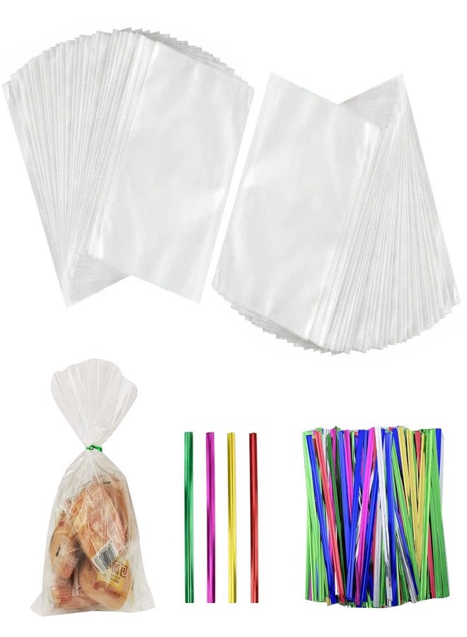 Markeny Cello Cellophane Treat, 8 X 12 Inches Big OPP Clear Plastic Bags For Bakery, Candies, Dessert with 6 Colors Twist Ties(100 Pieces Bags + 100 Pieces Twist Ties) (100, 8 X 12) - Image 1