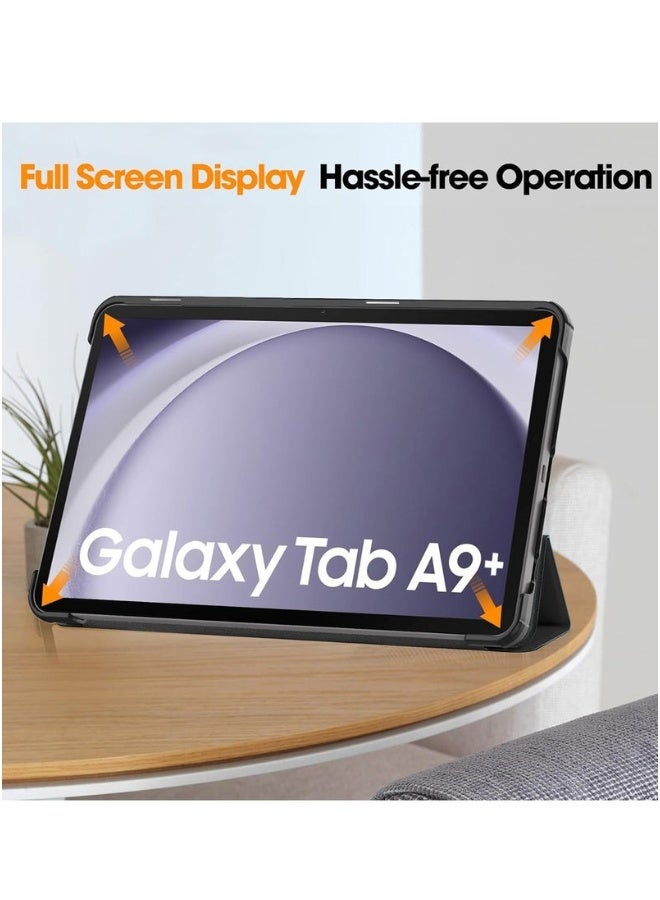 DUSALA Samsung Galaxy Tab A9 Plus 5G 2023 (X216/X215/X210) 11.0 Inch Case – Smart Flip Leather Texture Protective Cover with Auto Sleep/Wake Function and Built-in Pen Holder – Black - Image 3