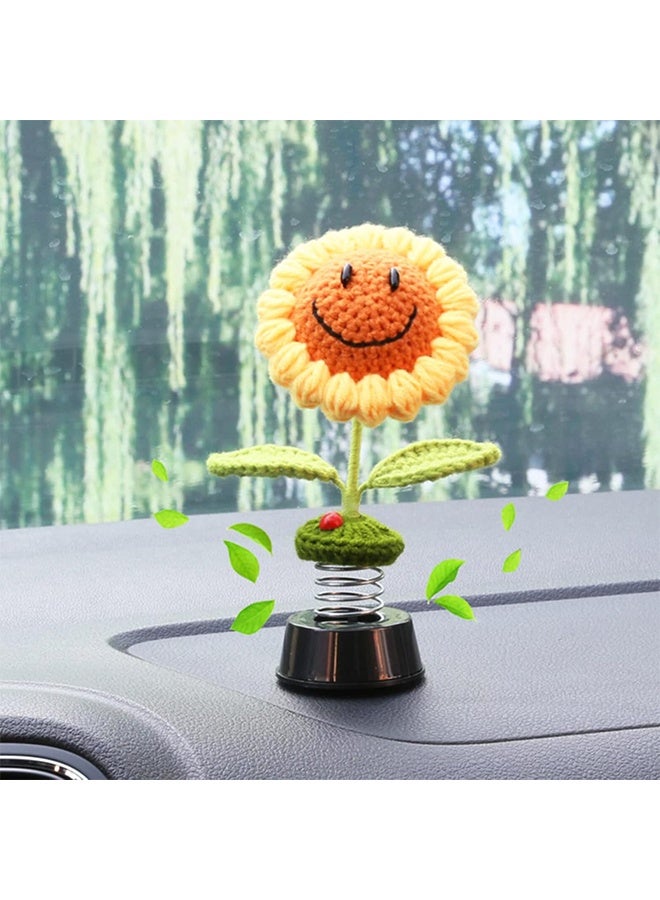 Sunflower Car Dashboard Decorations, Dashboard Bobbleheads Knitted Flowers for Women Car Ornament Accessories (Handmade Long Eyes) - Image 1