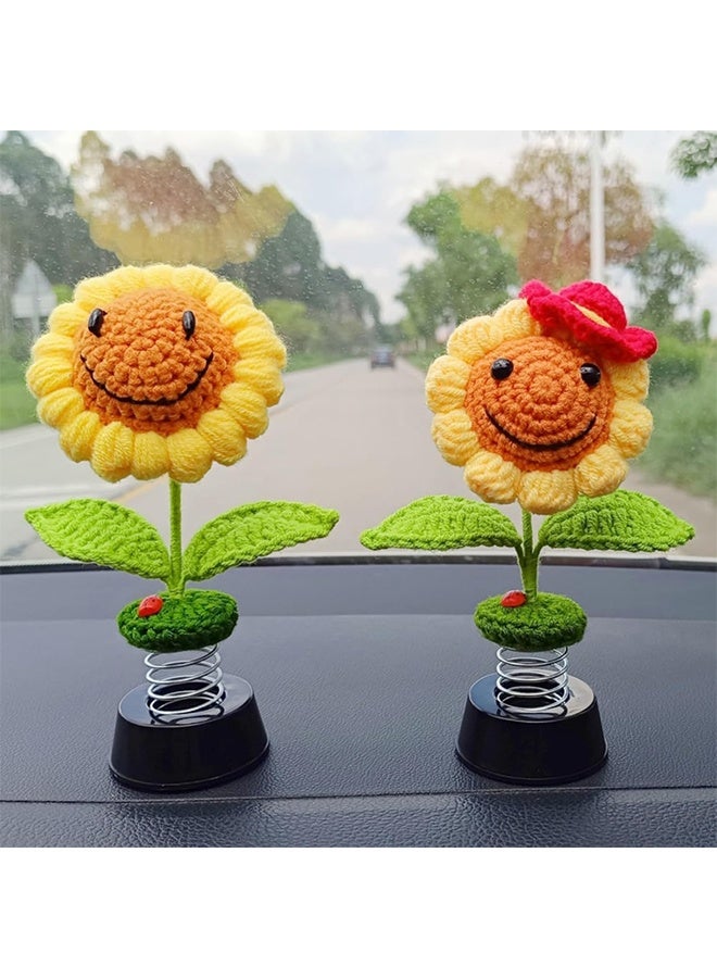 Sunflower Car Dashboard Decorations, Dashboard Bobbleheads Knitted Flowers for Women Car Ornament Accessories (Handmade Long Eyes) - Image 2