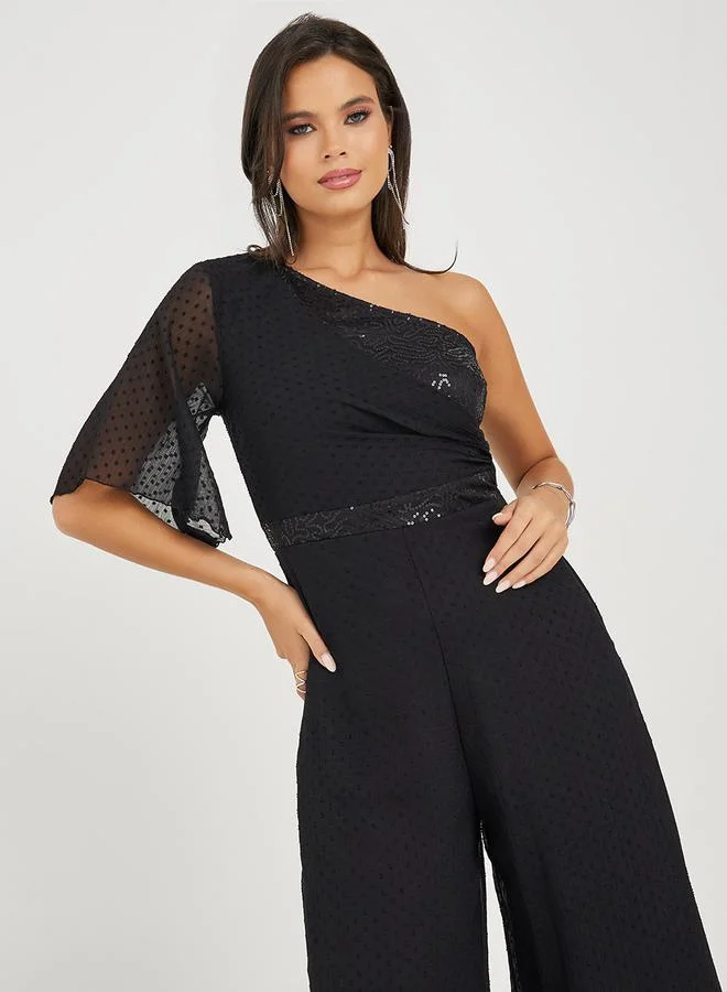 ستايلي Wide Leg One Shoulder Sequined Jumpsuit