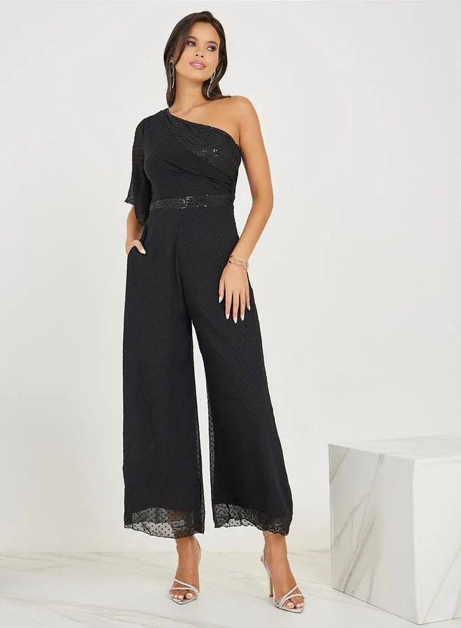ستايلي Wide Leg One Shoulder Sequined Jumpsuit
