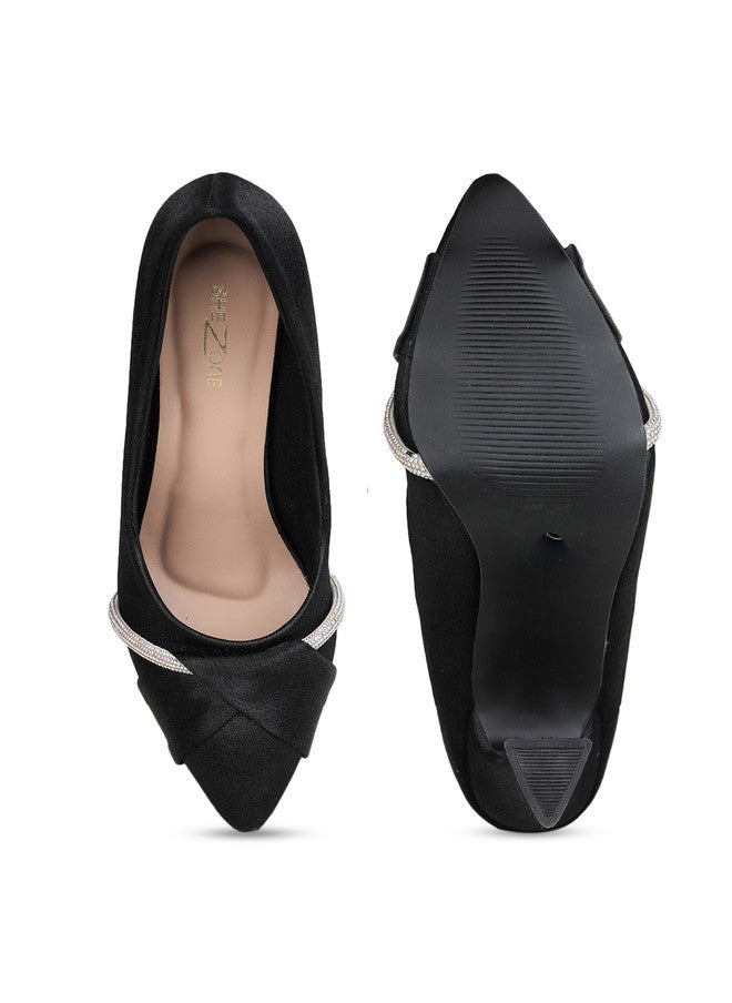 She Zone Black Embellished Block Pumps for Women - Image 5