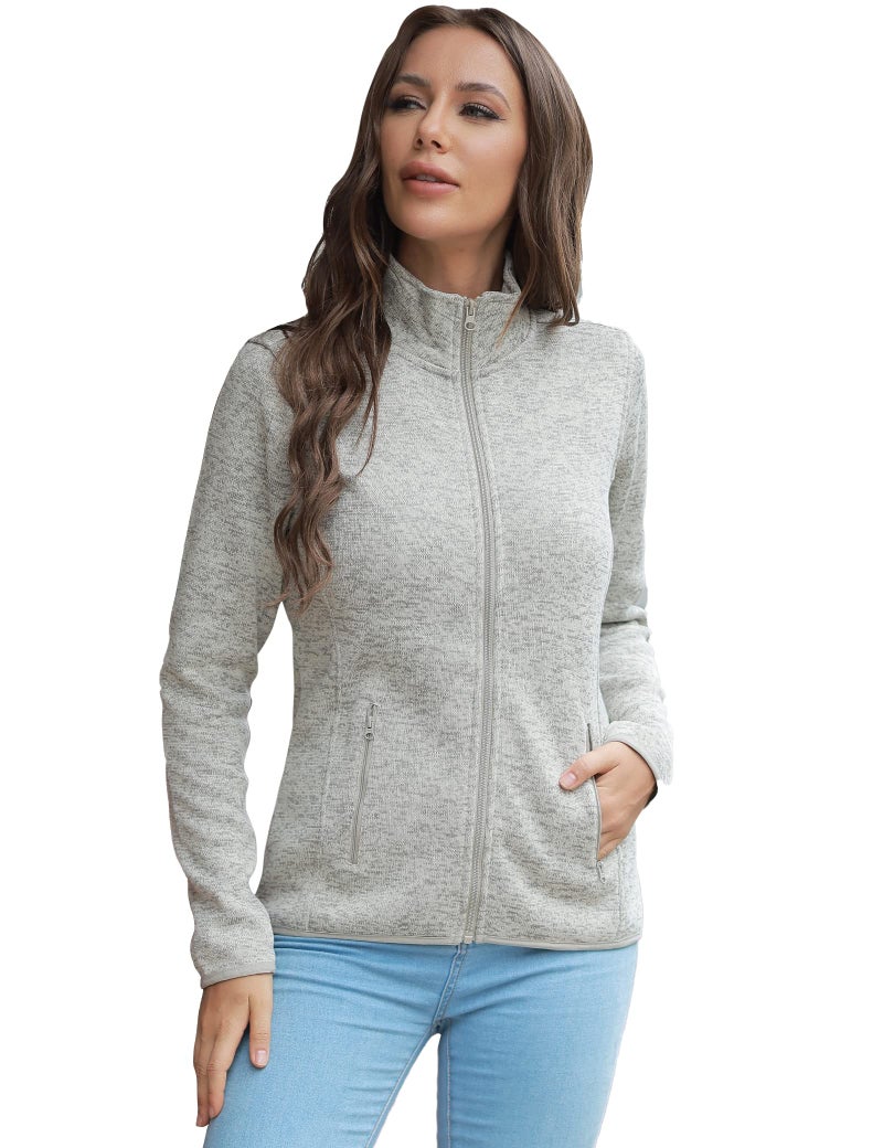 COZZIPLUS Women Zip Up Sweater Jacket with Fleece Interior, Warm Knitted Fleece Jacket with Zipper Pockets (Oatmeal Heather,Medium) - Image 2