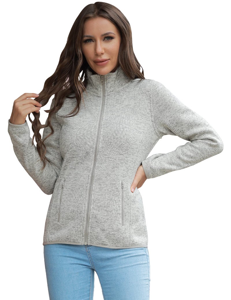 COZZIPLUS Women Zip Up Sweater Jacket with Fleece Interior, Warm Knitted Fleece Jacket with Zipper Pockets (Oatmeal Heather,Medium) - Image 1