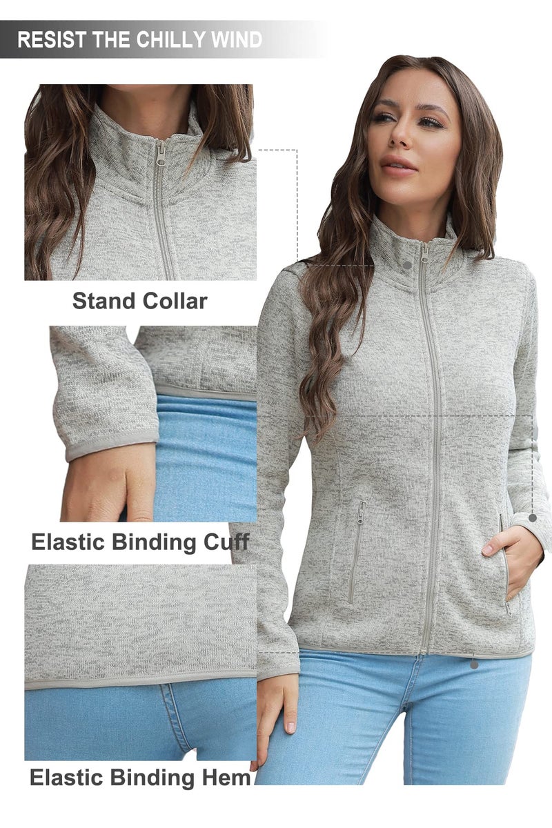 COZZIPLUS Women Zip Up Sweater Jacket with Fleece Interior, Warm Knitted Fleece Jacket with Zipper Pockets (Oatmeal Heather,Medium) - Image 5