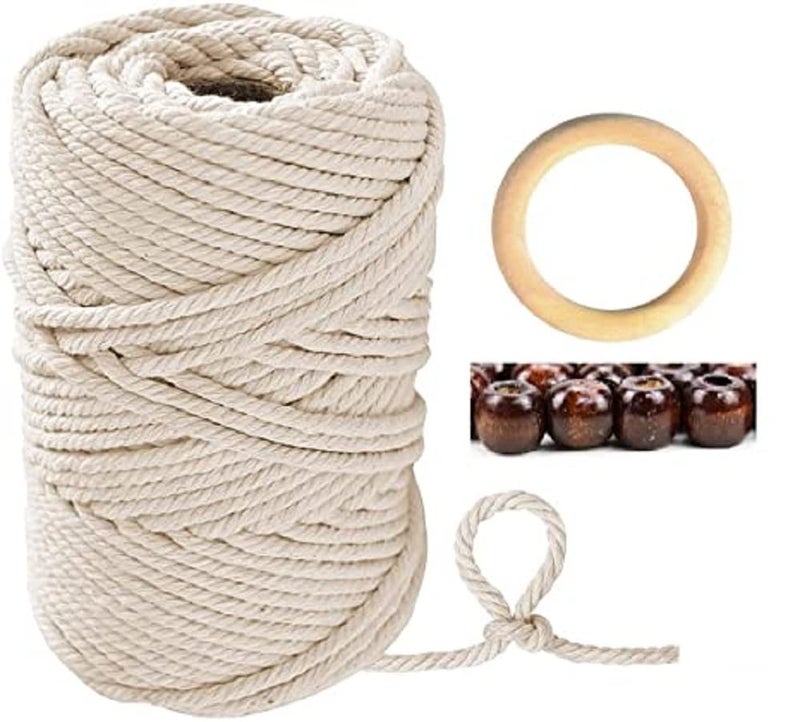 OKDEAL OKDEAL 3Ply Twisted Dhaga Compatible for Macrame Thread 3mm Wall Hanging Plant Hangers Crafting with 1 Wooden Ring 4 Wooden Beads  - Image 5