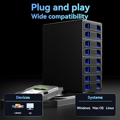 CENMATE Aluminum 8 Bay Hard Drive Enclosure with Cooling Fan for 2.5“/3.5" SATA HDD/SSD with USB A/C 3.0, Support Hot Swappable, Tool-Free HDD Enclosure, DAS(NO RAID/NAS) - Image 5