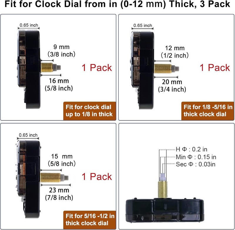 EMOON 3-Piece Silent Clock Mechanism Kit with 8 Pairs of Short Clock Hands Battery Operated Quartz Movement for DIY Clock Repair and Replacement (Total Shaft Length 16mm, 20mm, 23mm) - Image 2
