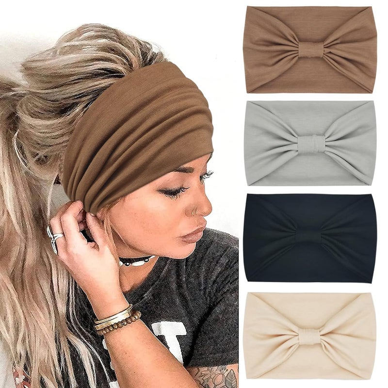 YONUF Wide Boho Headbands for Women Fashion Knotted Headband Yoga Workout Hair Accessories African Head Wrap 4 Pack - Image 1