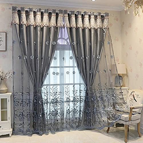 Amidoudou 1 Pair European Double Layer Curtains for Living Room Bedroom Luxury Flower Embroidered Curtains with Valance (Grey,54x96 Inch) - Image 1