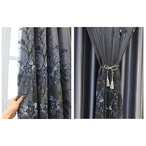 Amidoudou 1 Pair European Double Layer Curtains for Living Room Bedroom Luxury Flower Embroidered Curtains with Valance (Grey,54x96 Inch) - Image 4