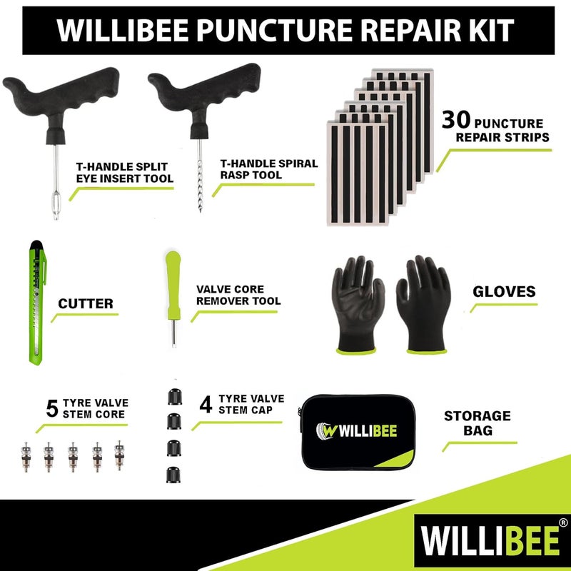 WILLIBEE 9-in-1 Tool Set (Pack of 30 Strips), Tubeless Tyre Puncture Repair Kit for Car, Bike, Scooter & SUV (with Storage Bag) | Universal Emergency Tyre Fix Tool Set, Flat Tire Puncher Repair Kit. - Image 2