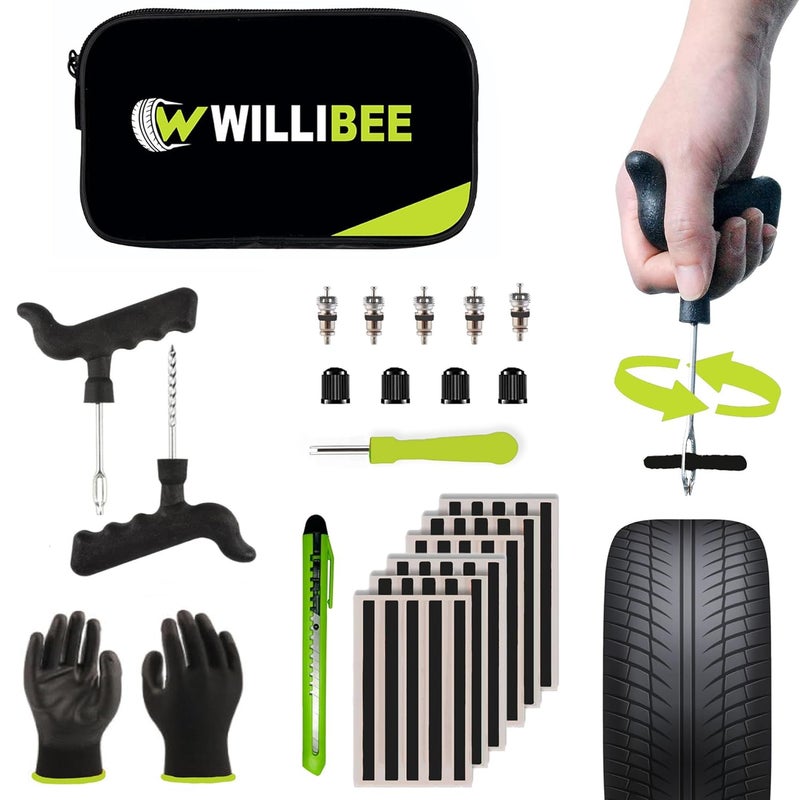 WILLIBEE 9-in-1 Tool Set (Pack of 30 Strips), Tubeless Tyre Puncture Repair Kit for Car, Bike, Scooter & SUV (with Storage Bag) | Universal Emergency Tyre Fix Tool Set, Flat Tire Puncher Repair Kit. - Image 1