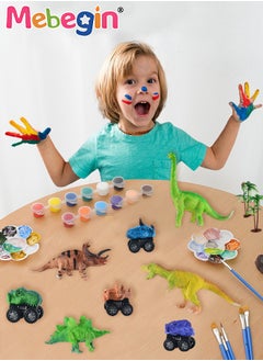 MEBEGIN 3D Dinosaur DIY Craft Kit with 4 Dinosaur Figurines, 4 Cars and 1 Mat, Educational Color Drawing Dinosaur Model Toys, Safe Dinosaur Hand Painted Toy Set, Child Plastic Dinosaur Model Toy, Creative Handicrafts Gift for Kids  - Image 1