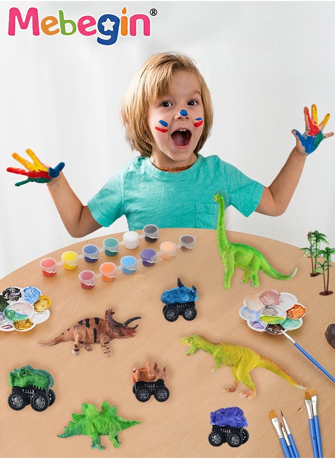 MEBEGIN 3D Dinosaur DIY Craft Kit with 4 Dinosaur Figurines, 4 Cars and 1 Mat, Educational Color Drawing Dinosaur Model Toys, Safe Dinosaur Hand Painted Toy Set, Child Plastic Dinosaur Model Toy, Creative Handicrafts Gift for Kids  - Image 1