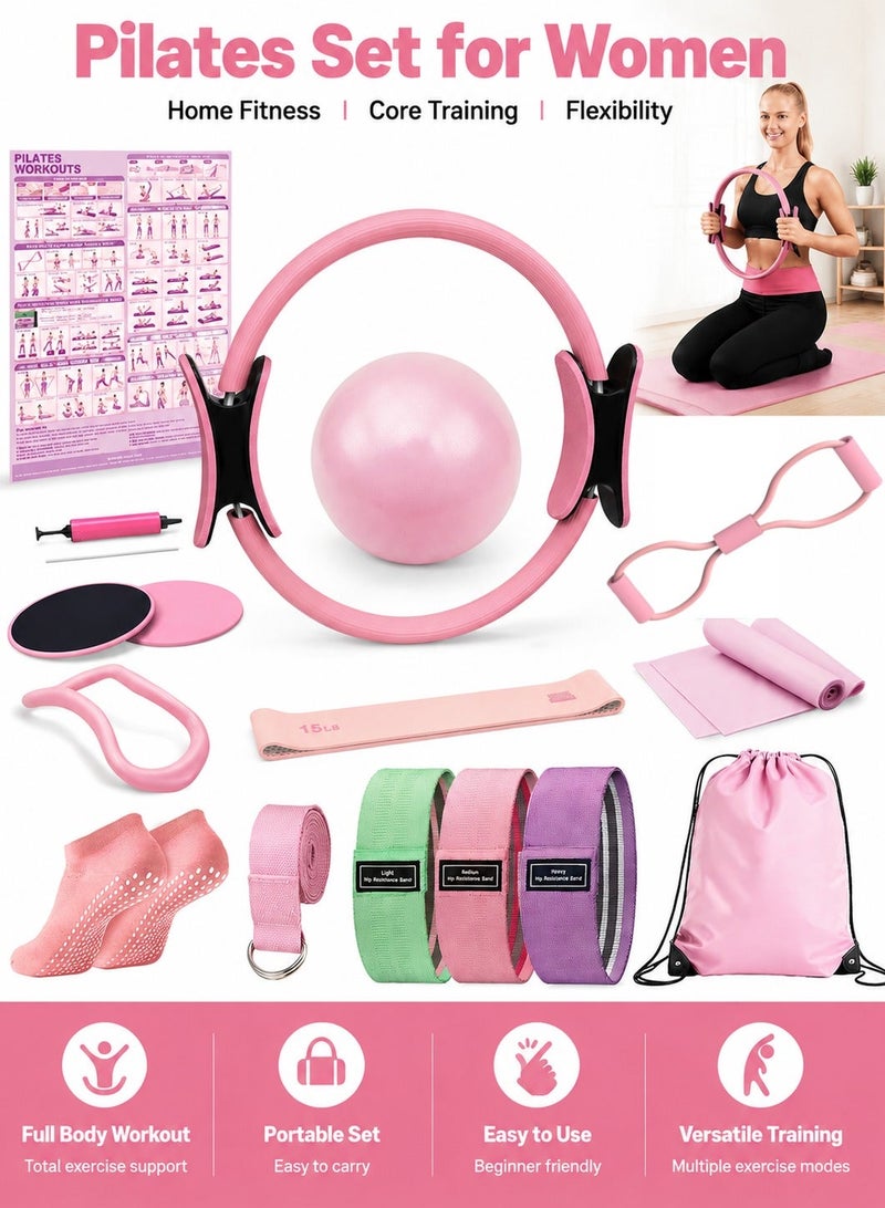 WALALLA 16 PCS Pilates Set for Women Home Workout Kit with Inch Pilates Ring, Yoga Ball, Resistance Bands, Hip Bands, Figure 8 Band, Sliders, Stretch Strap, Non Slip Socks, Storage Bag Pink - Image 1