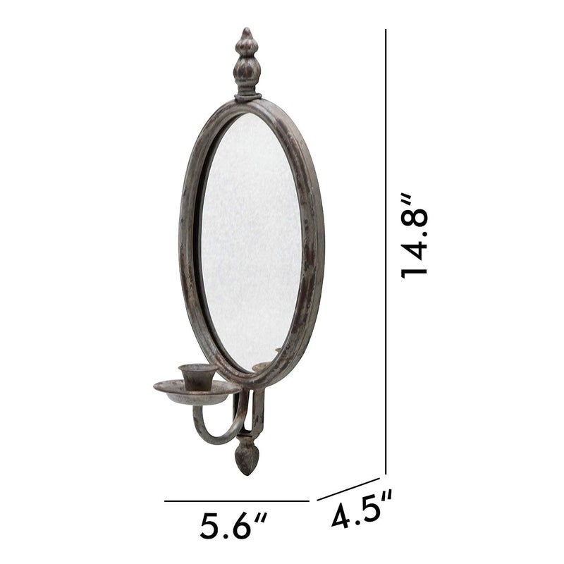 SOFFEE DESIGN Antique Metal Candle Sconces Candlestick Holder Wall Mounted Distressed with Oval Faded-Looking Mirror - Image 4