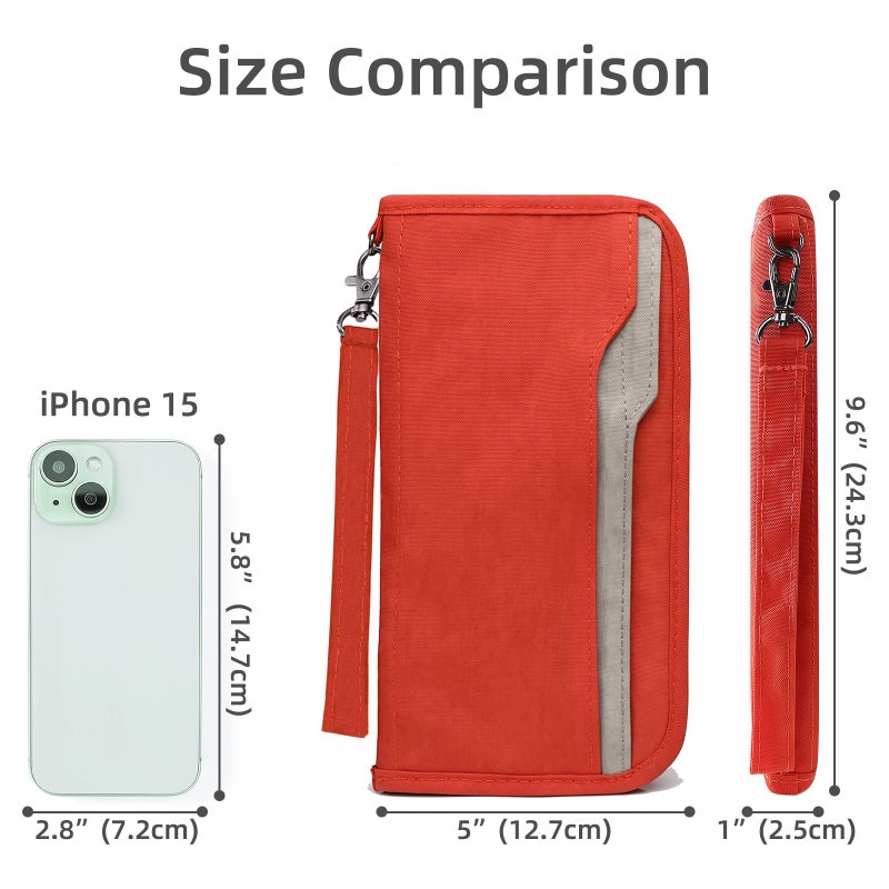 ZOPPEN ZOPPEN Passport Holder Family Women/Men, Travel Wallet RFID Passport Wallet Travel Essentials Documents Organizer Zipper Case with Removable Wristlet Strap, Orange  - Image 3