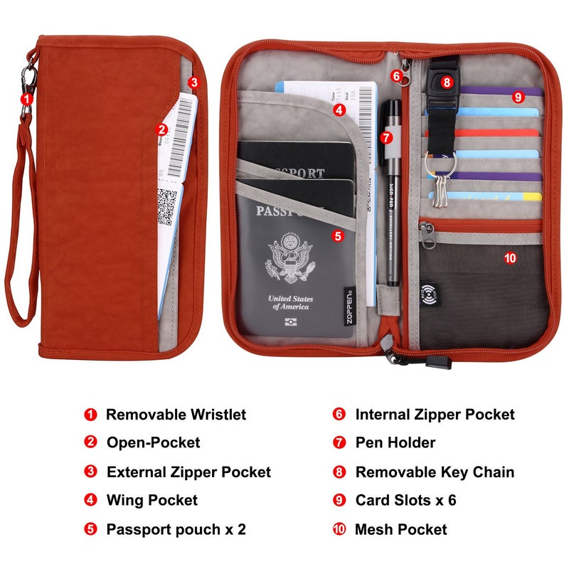 ZOPPEN ZOPPEN Passport Holder Family Women/Men, Travel Wallet RFID Passport Wallet Travel Essentials Documents Organizer Zipper Case with Removable Wristlet Strap, Orange  - Image 5
