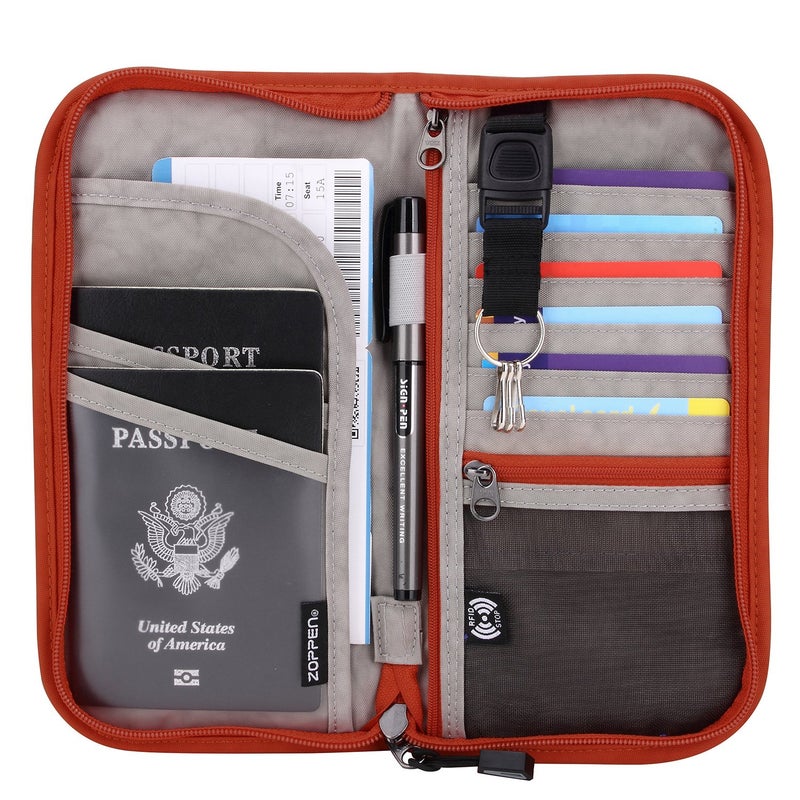ZOPPEN ZOPPEN Passport Holder Family Women/Men, Travel Wallet RFID Passport Wallet Travel Essentials Documents Organizer Zipper Case with Removable Wristlet Strap, Orange  - Image 2