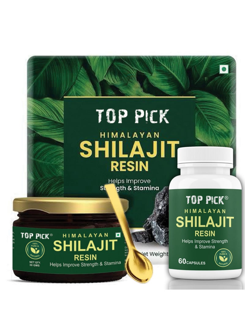 Top Pick Himalayan Shilajit Resin 30g Strength & Stamina Enhancer with 60 Capsules