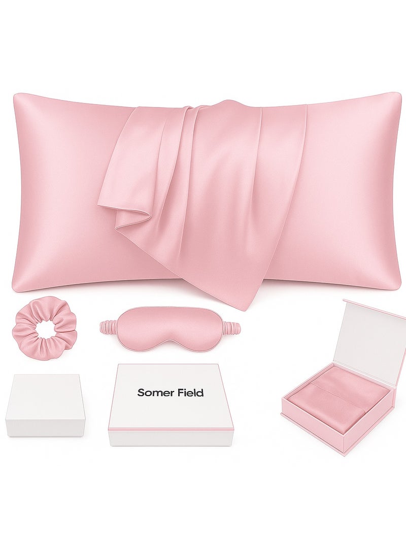 Somer Field 3-Piece Silk Beauty Sleep Set – Pillowcase, Eye Mask & Hair Tie – Luxury Soft Skin & Hair Care Gift (Baby Pink)