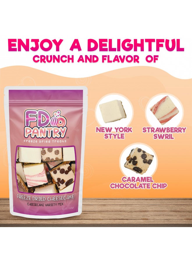 FD Pantry Freeze Dried Cheesecake New York Style, Caramel Chocolate Chip and Strawberry Swirl Crunchy Treat Resealable Bag 4.1 oz Cheese Cake - Image 2