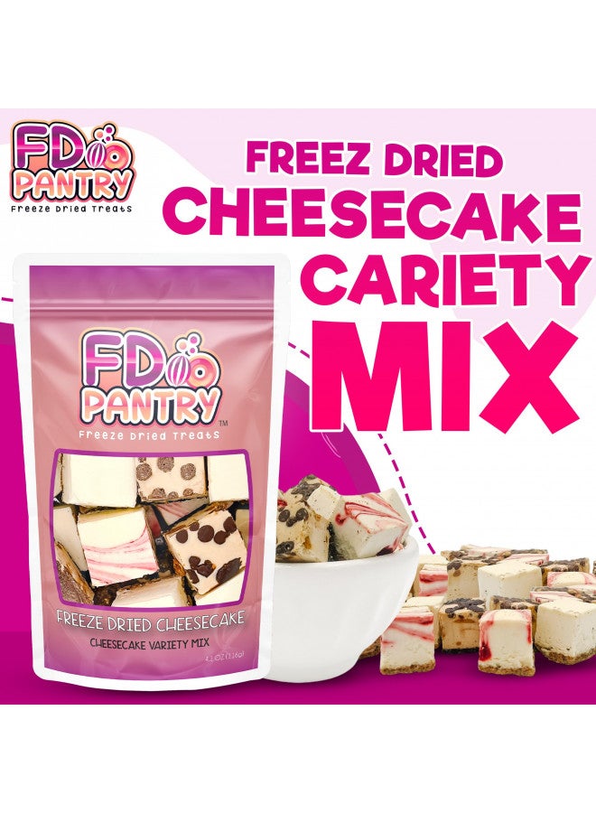FD Pantry Freeze Dried Cheesecake New York Style, Caramel Chocolate Chip and Strawberry Swirl Crunchy Treat Resealable Bag 4.1 oz Cheese Cake - Image 3