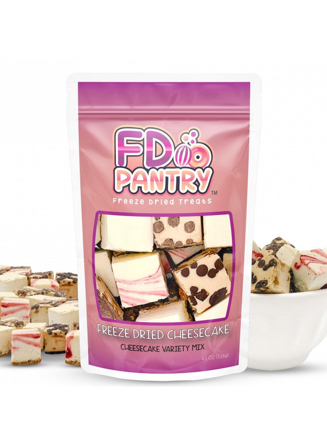 FD Pantry Freeze Dried Cheesecake New York Style, Caramel Chocolate Chip and Strawberry Swirl Crunchy Treat Resealable Bag 4.1 oz Cheese Cake - Image 1