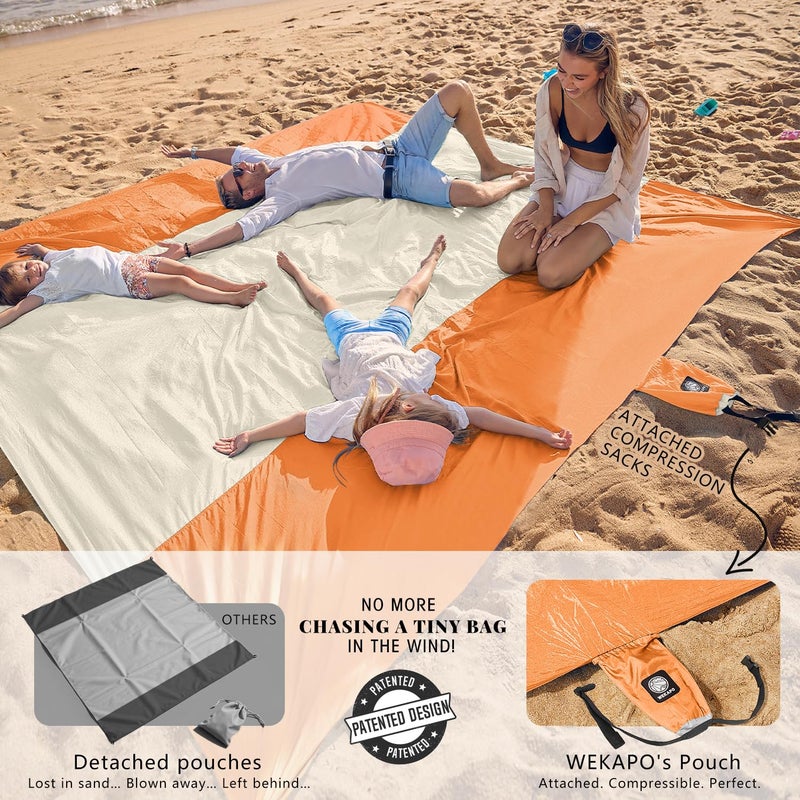 WEKAPO Beach Blanket Sandproof Waterproof, Extra Large Beach Mat, Oversized & Compact Sand Free, Quick Drying Beach Essentials for Vacation, Cruise, Picnic & Camping with Stakes (Orange, 9x10 FT) - Image 3
