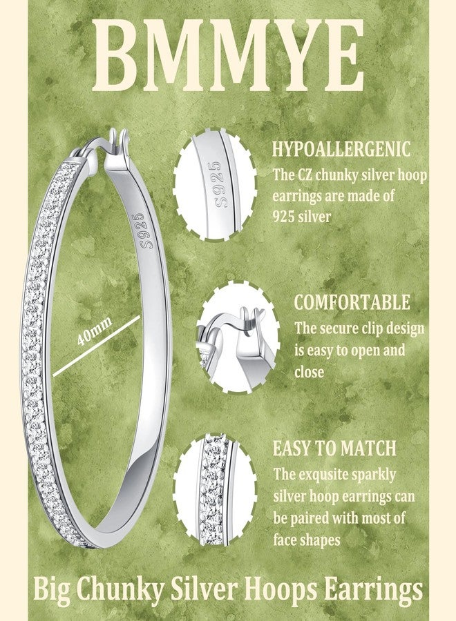 BMMYE Rhinestone Hoop Earrings for Women Sparkly Large CZ Hoops for Sensitive Ears Non Tarnish Sterling Silver/Gold Plated Rhinestone Earrings 30/40/50/60mm, 40mm, Sterling Silver, No Gemstone - Image 4