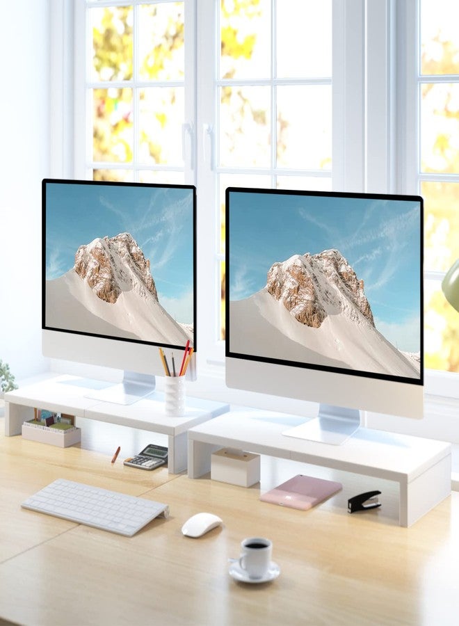 TEAMIX 2 Pack White Monitor Stand Riser - 20 inch, Wooden Desk Stand with Keyboard Organizer - Image 2