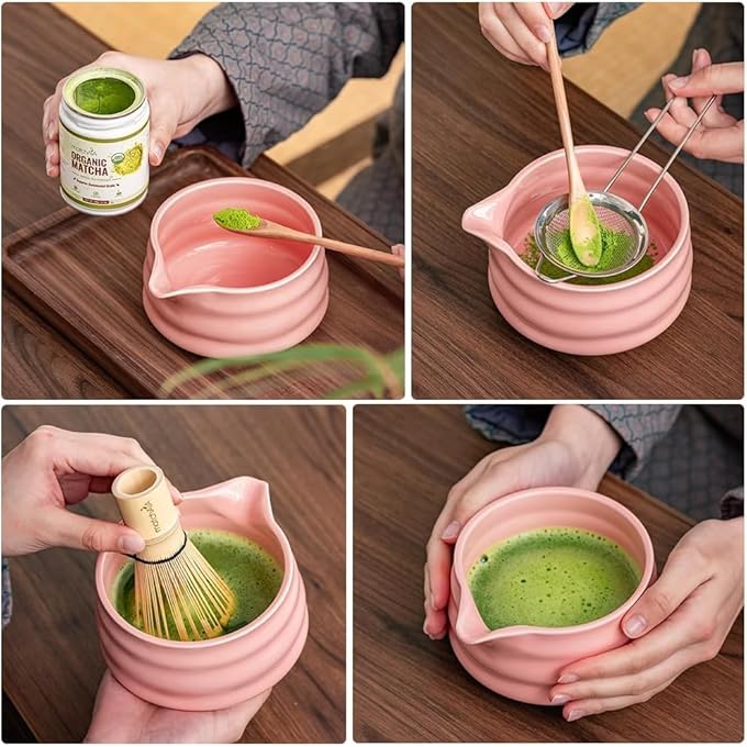 ZMURED 4Pcs Matcha Tea Whisk Set Matcha Whisk Set Ceramic Matcha Bowl Matcha Tea Set Bamboo Matcha Whisk Chasen Spout Ceramic Holder Scoop - Image 5